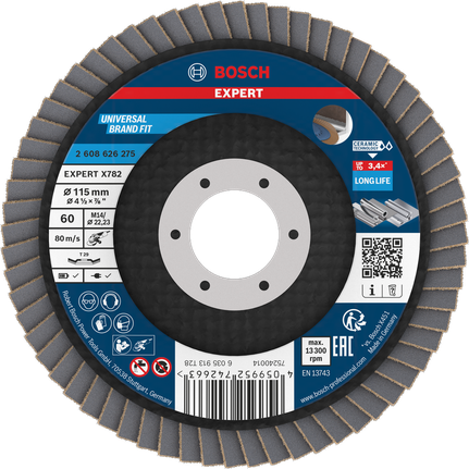 Lamelový kotouč Bosch EXPERT X782, zrnitost 60, 115 mm, pro dlouhou životnost.